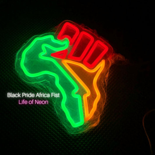 The African Diaspora: Red Yellow Green Flag inspired by the Pan African Flag + Black Fist Neon Sign Life of Neon